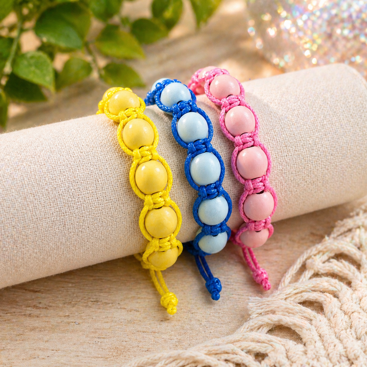 Three colorful beaded bracelets on a wooden surface with a natural background.