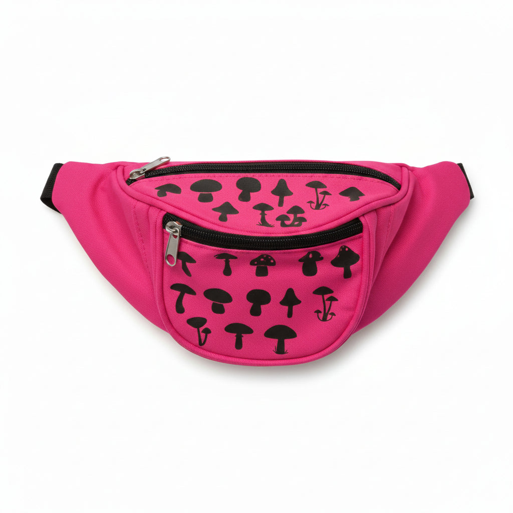 Pink fanny pack with black mushroom patterns on a white background