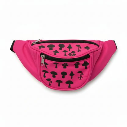 Pink fanny pack with black mushroom patterns on a white background