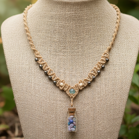 Chakra Crystal Jar Pendant Necklace – Handmade Macrame Healing Stone Jewellery