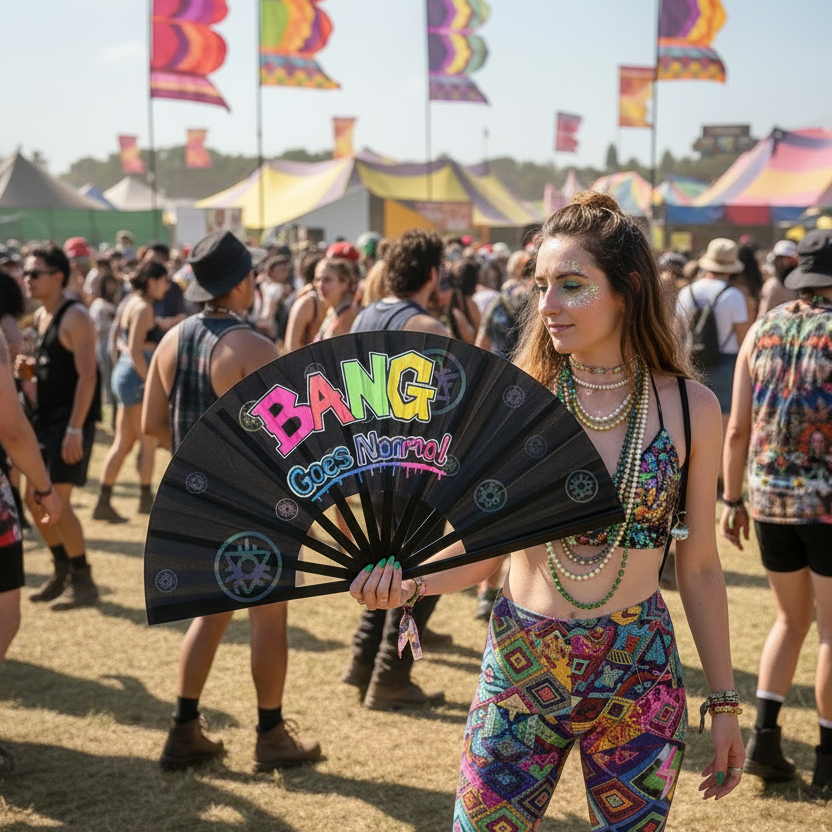 Reflective UV Reactive Rave Fan – Boomtown Festival Hand-Painted Clack Fan