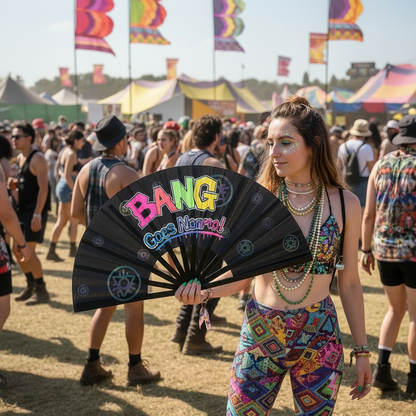 Reflective UV Reactive Rave Fan – Boomtown Festival Hand-Painted Clack Fan