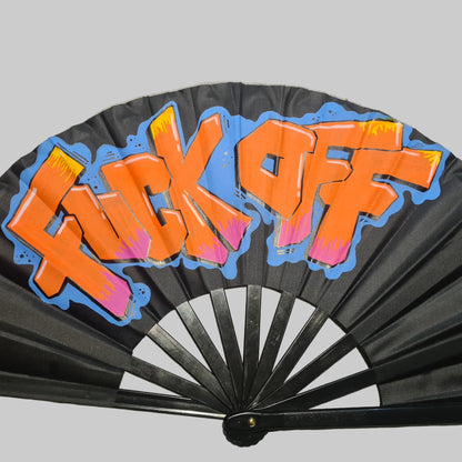 Fuck Off UV Fan, black handpainted with orange graffiti lettering, blue outline, UV reactive for festivals and raves
